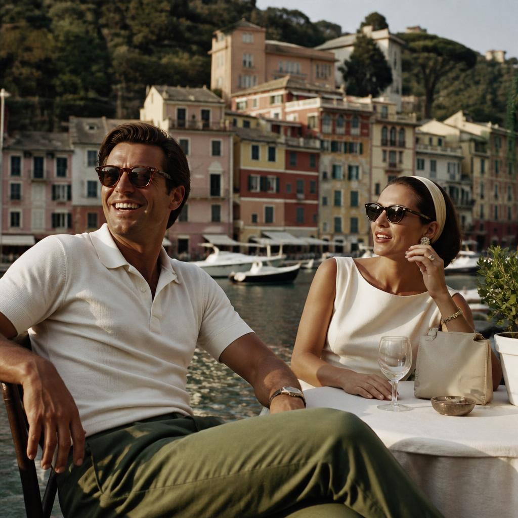 Coppia elegante nella piazzetta di Portofino con occhiali da sole