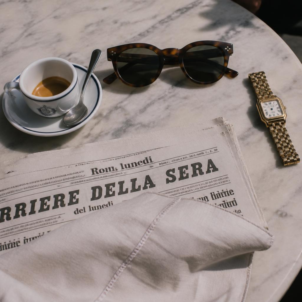 Occhiali The Monopoli su tavolo di marmo con espresso