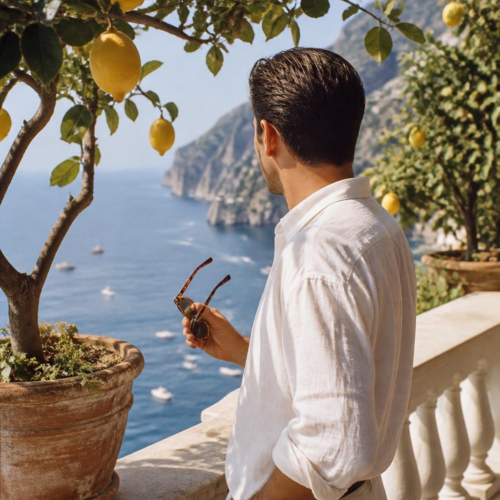 Uomo con occhiali The Monopoli su terrazza affacciata sul mare