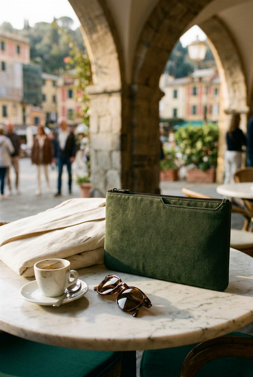 Pochette The Forte su un tavolino di marmo a Portofino