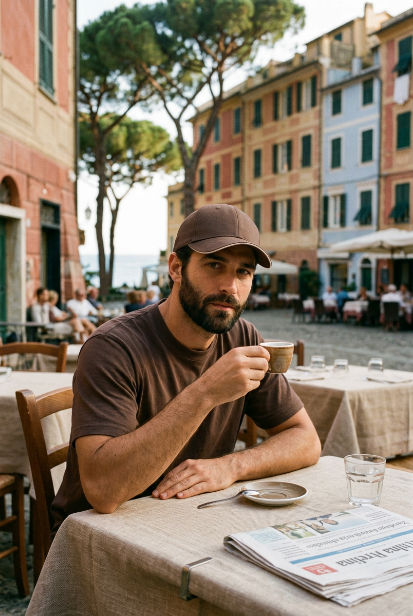 Cappello The Antibes indossato in un caffè di Portofino
