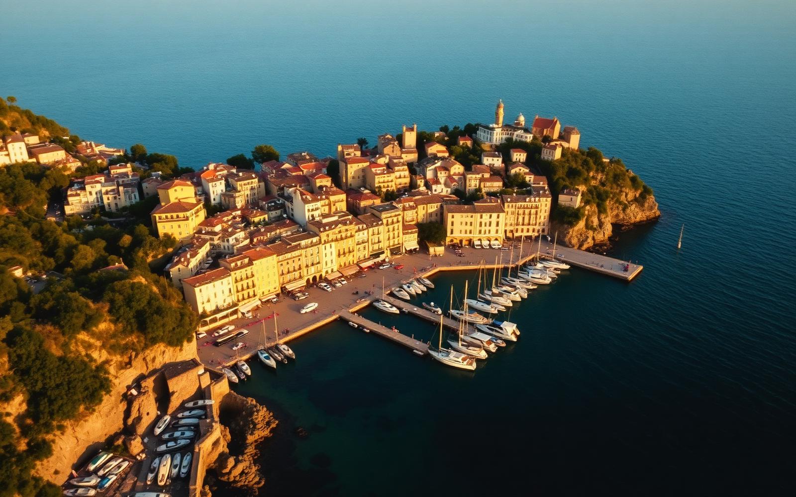 Vista dall'alto di Portofino al tramonto